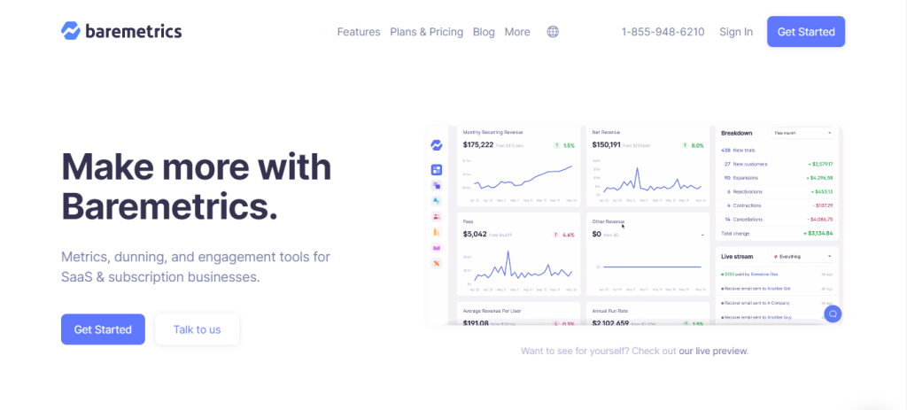 The first screen of the baremetrics's landing page