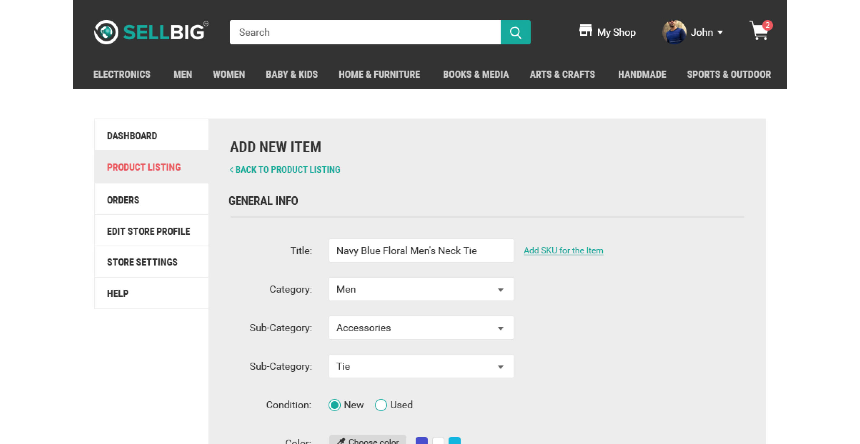 A frame for adding new items for listing on the Sellbig ecommerce marketplace