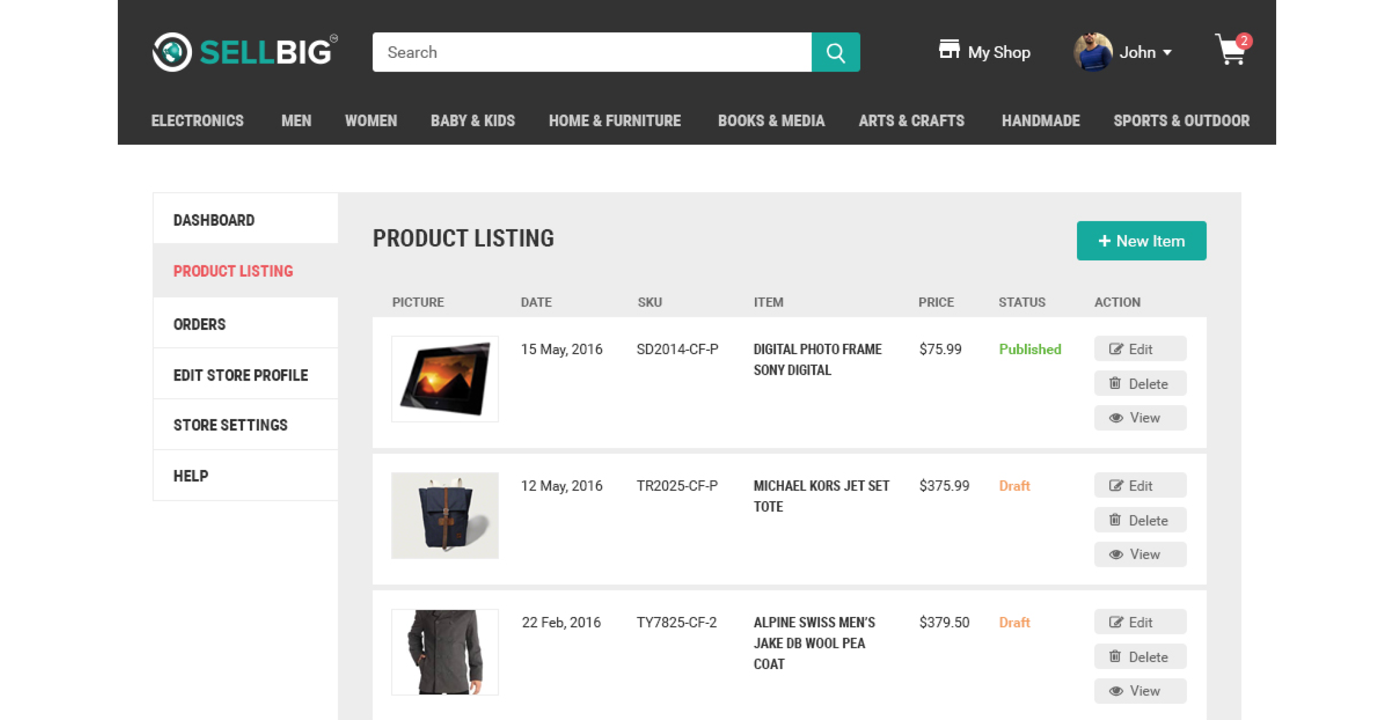 Product listing page on the ecommerce marketplace for small businesses