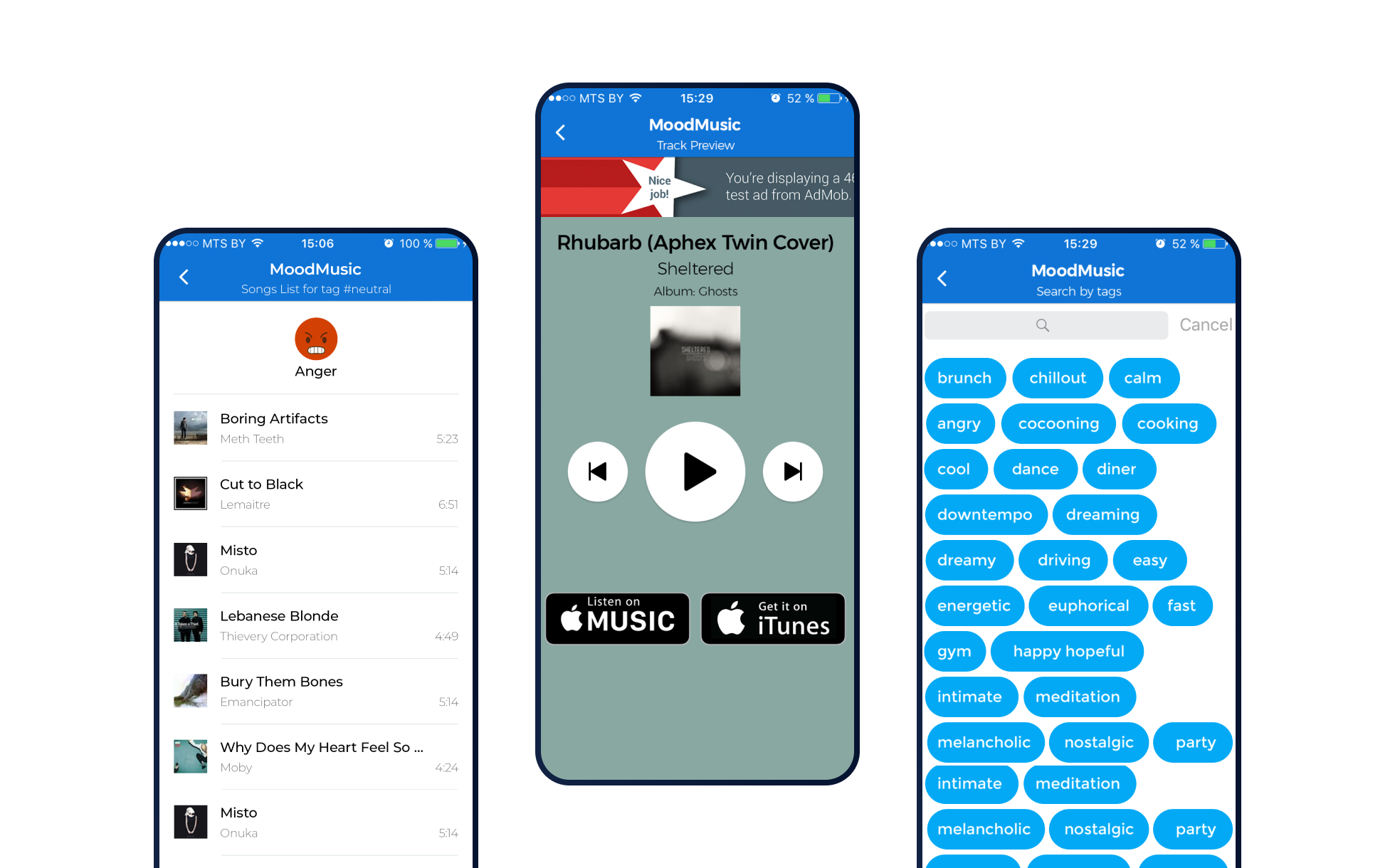 mood music mobile app development showcase screen