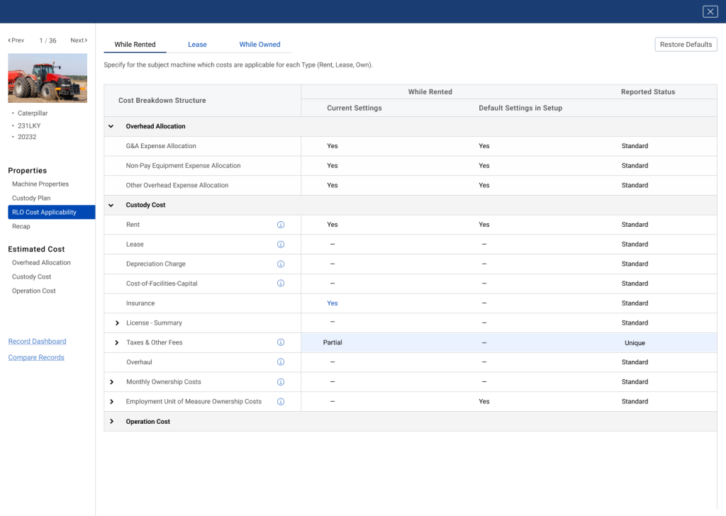 Cost management machinery properties page