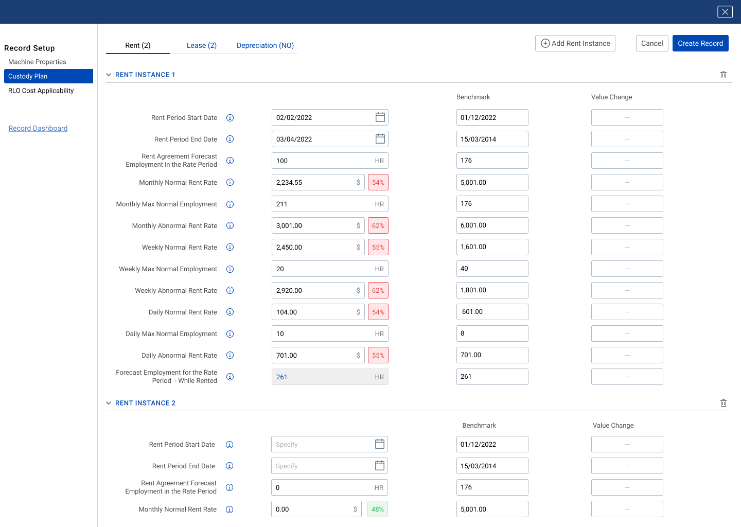 Cost management rent calculation page