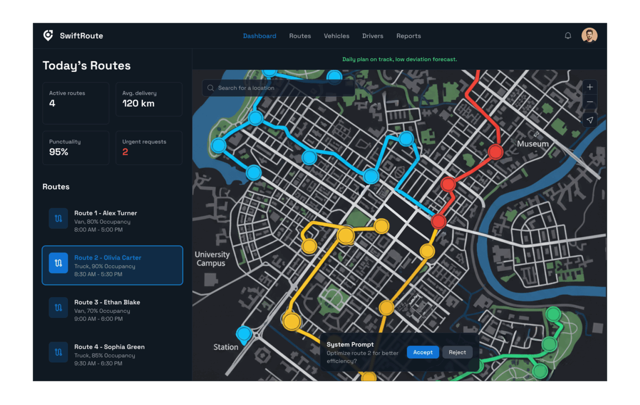 AI/ML route optimization for a freight delivery service